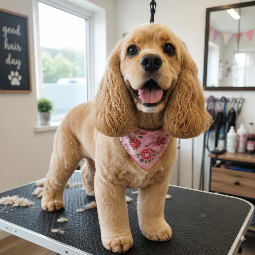 Cocker spaniel freshly groomed with a bandana