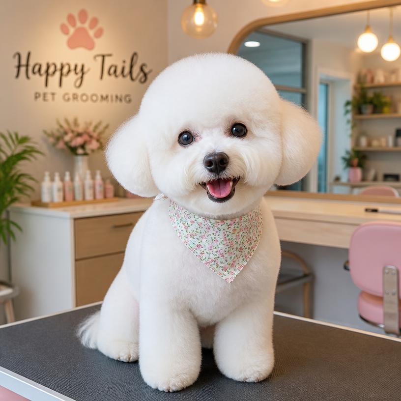 Fluffy white bichon after a full groom