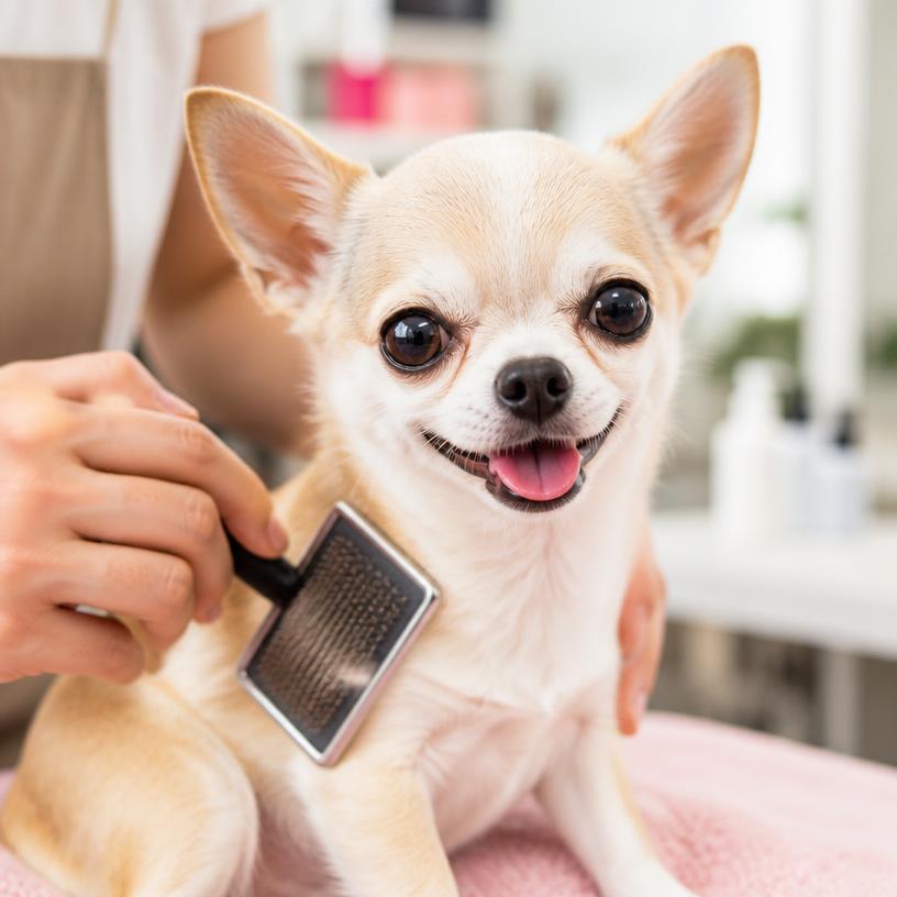Chihuahua being gently brushed